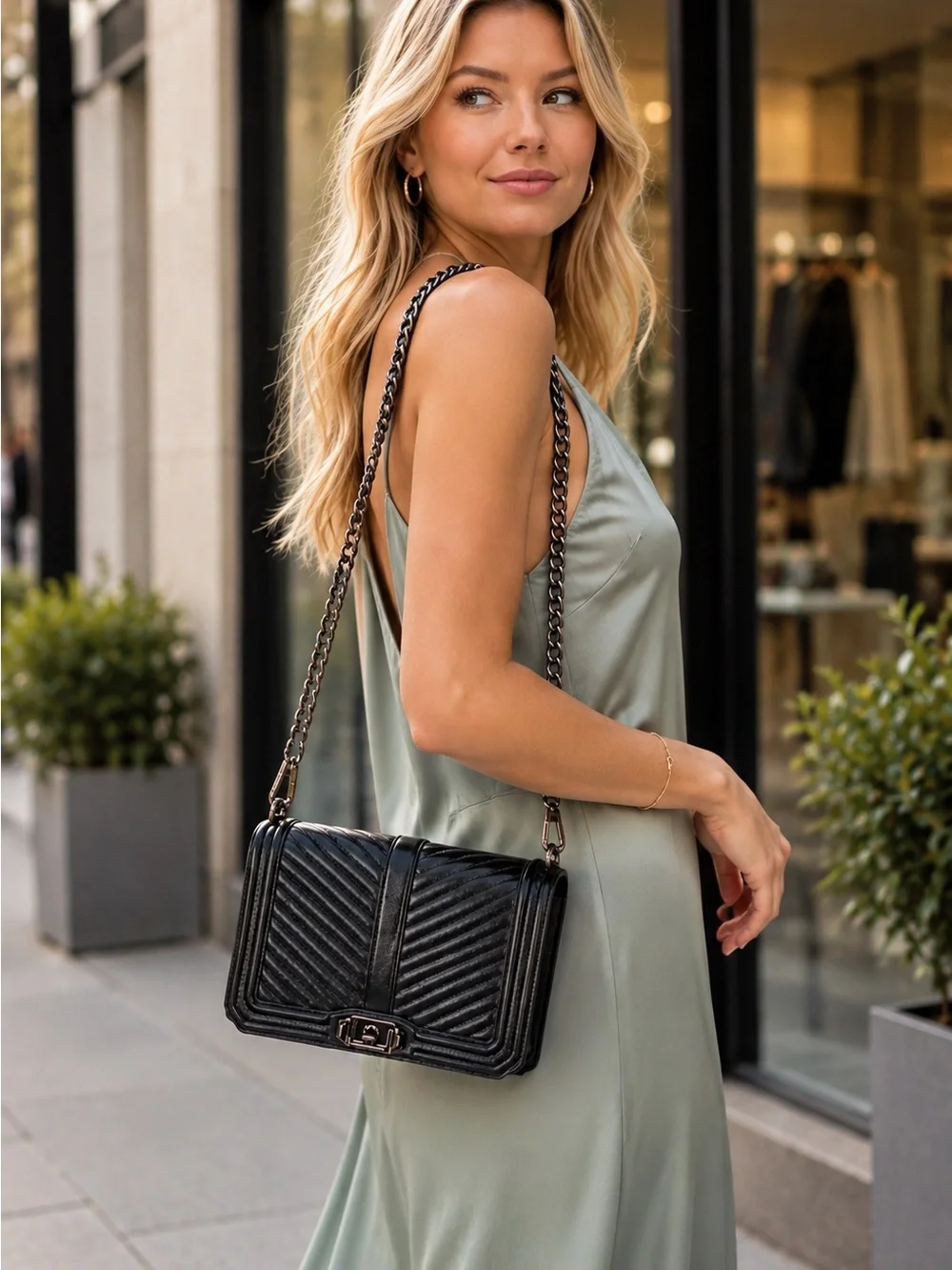 Rebecca Minkoff Love Black Chevron Leather Crossbody Gun Metal HW Like New